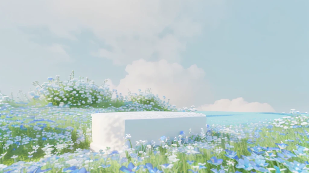 A white pedestal in a field of blue flowers, Beautiful landscape rendering, Soft 3d rendering, High-quality local rendering, blue realistic 3 d render, depicted as a 3 d render, A beautiful field of flowers, White and light blue tones, Clean 3D Rendering, On a white table, White and blue, Hyper-realistic 3D rendering