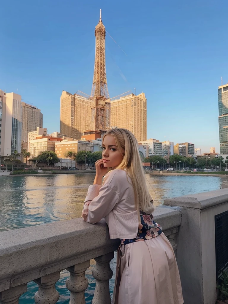 Make blonde Amanda in the same pose wearing an identical outfit in a setting exactly like the one in the photo, cabelo loiro, bunda grande