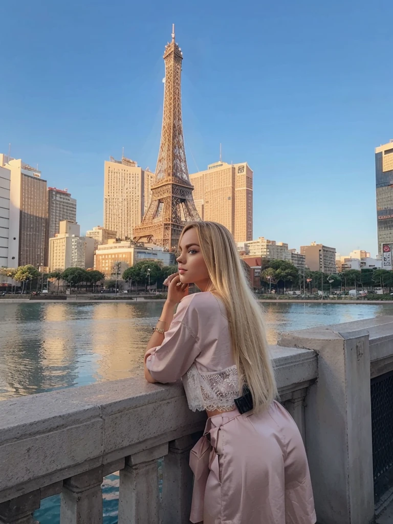 Make blonde Amanda in the same pose wearing an identical outfit in a setting exactly like the one in the photo, cabelo loiro, bunda grande 