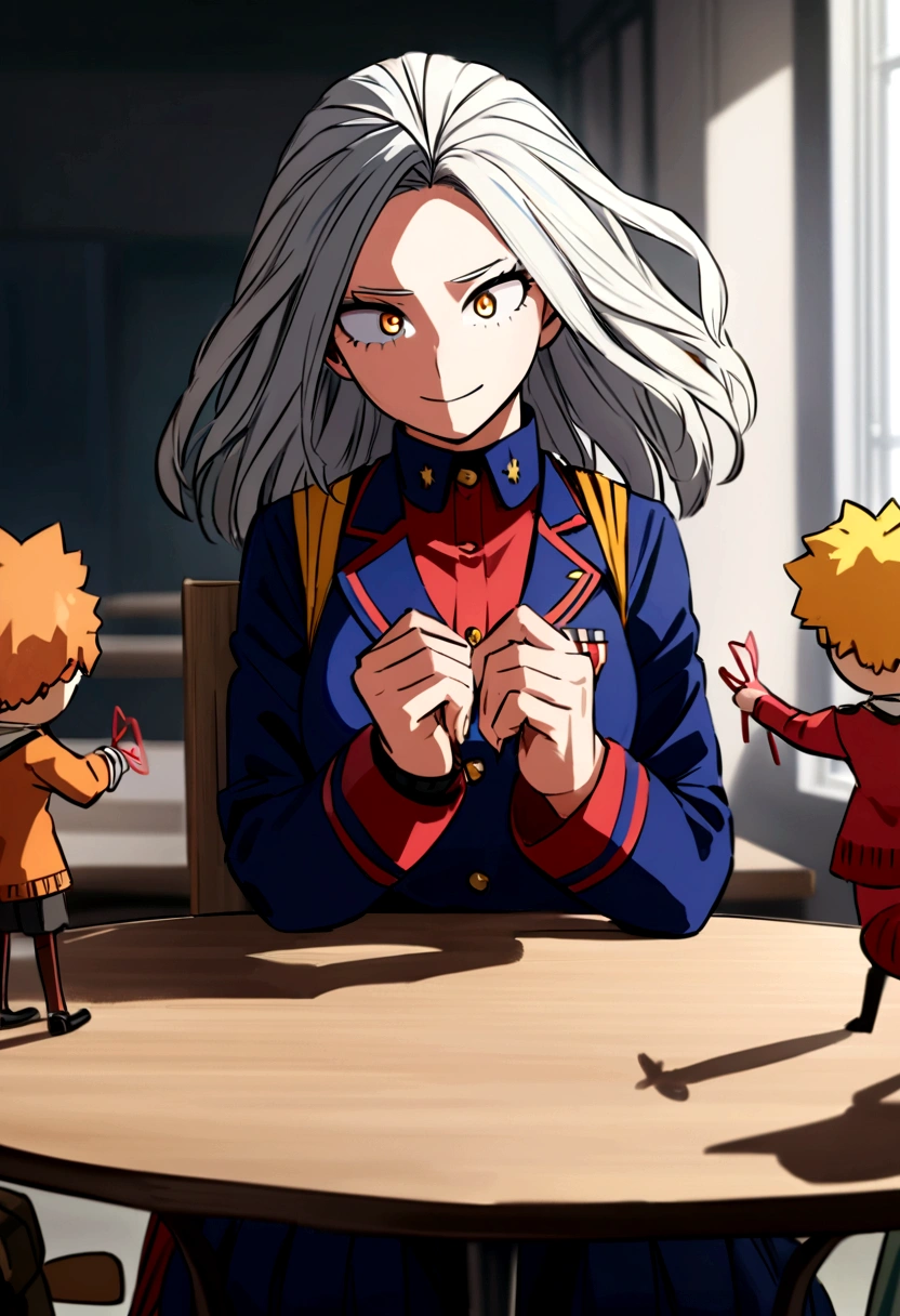 Captura de pantalla My hero academia. Chica que parece chico de pelo azul oscuro esponjado y corto, He has yellow and orange eyes and has a happy expression.. She is wearing the UA uniform and in the background she has a UA school class and she is sitting at a table with string puppets in her hands.