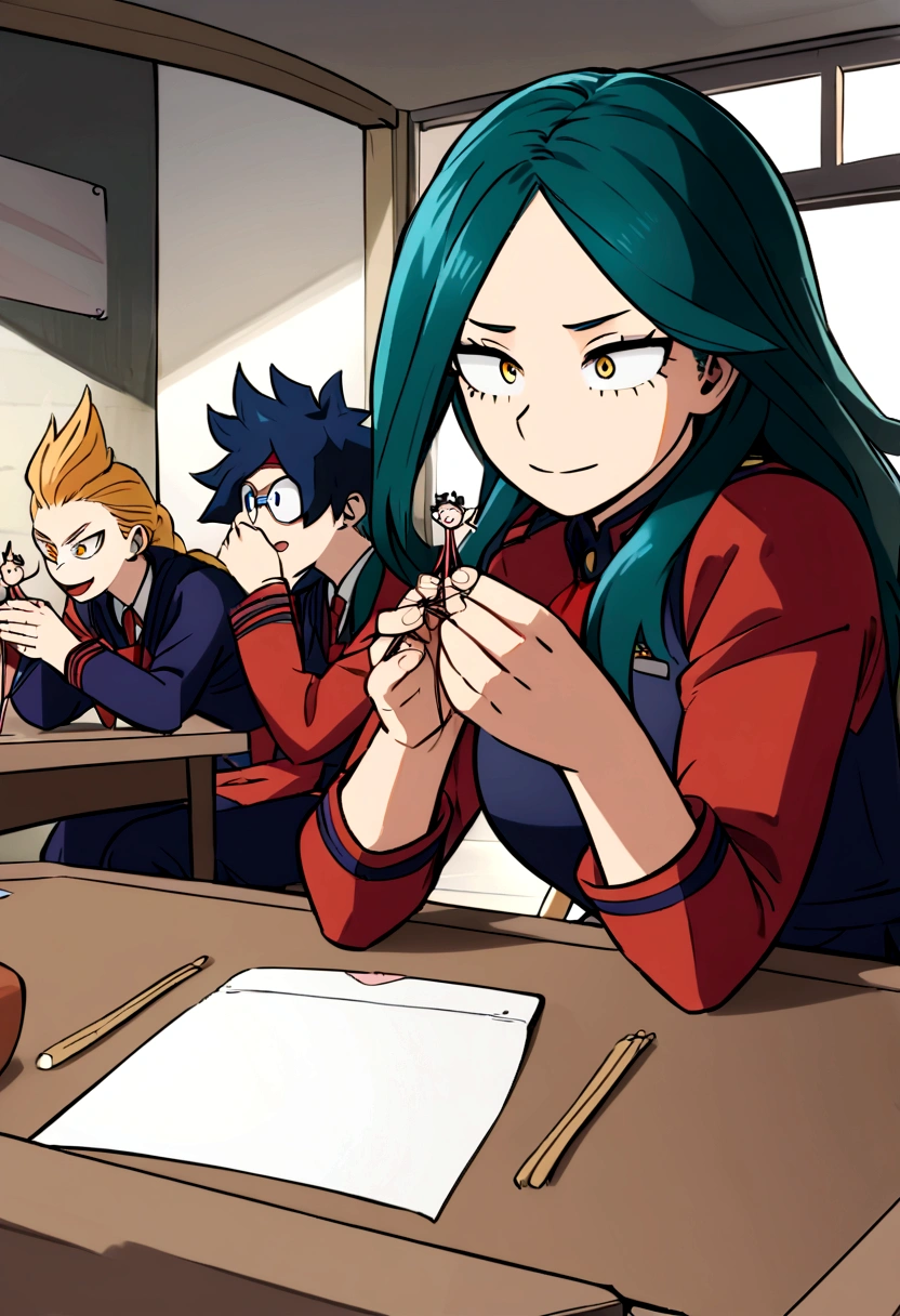 Captura de pantalla My hero academia. Chica que parece chico de pelo azul oscuro esponjado y corto, He has yellow and orange eyes and has a happy expression.. She is wearing the UA uniform and in the background she has a UA school class and she is sitting at a table with string puppets in her hands.