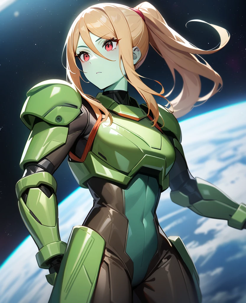 1girl,Samus aran,solo,red eyes,((BROWN hair)),green power armor,ponytail,((pale green skin)),green chest armor,cowboy shot,in space ship,zero gravity,Science fiction,ultra-detailed,sharp focus,aesthetic,(best quality)