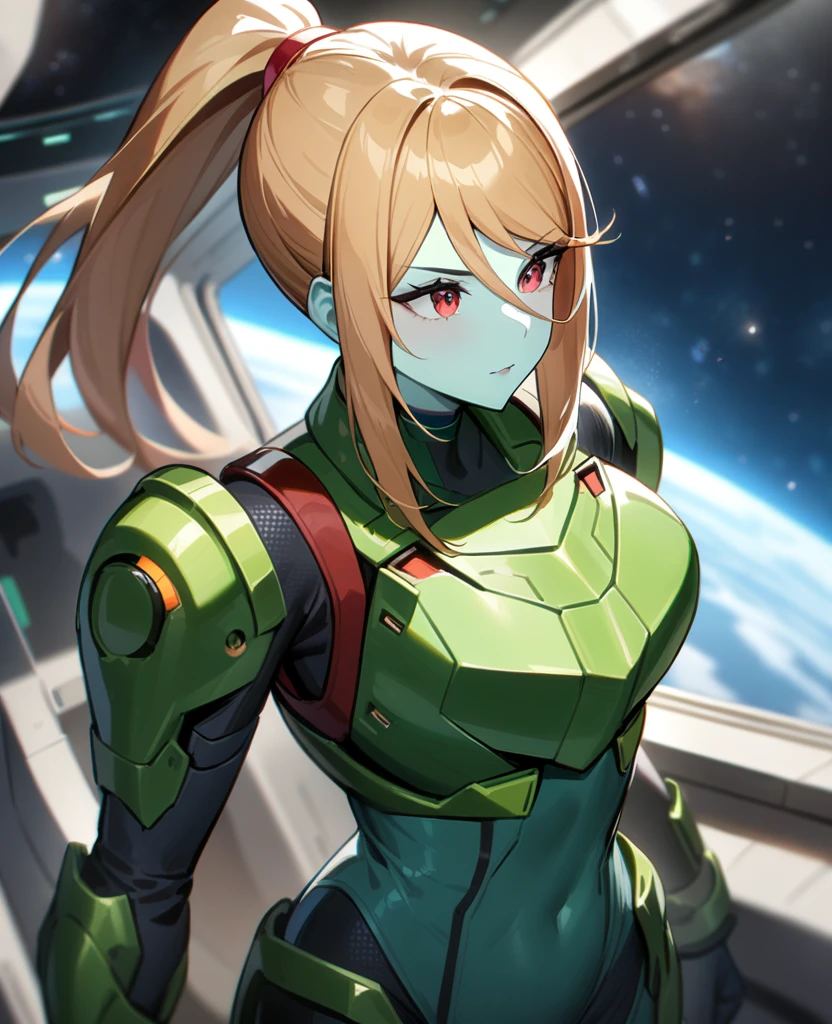 1girl,Samus aran,solo,red eyes,((BROWN hair)),green power armor,ponytail,((pale green skin)),green chest armor,cowboy shot,in space ship,zero gravity,Science fiction,ultra-detailed,sharp focus,aesthetic,(best quality)