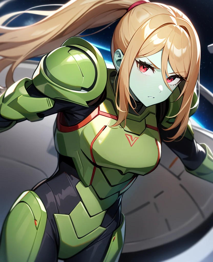 1girl,Samus aran,solo,red eyes,((BROWN hair)),green power armor,ponytail,((pale green skin)),green chest armor,cowboy shot,in space ship,zero gravity,Science fiction,ultra-detailed,sharp focus,aesthetic,(best quality)