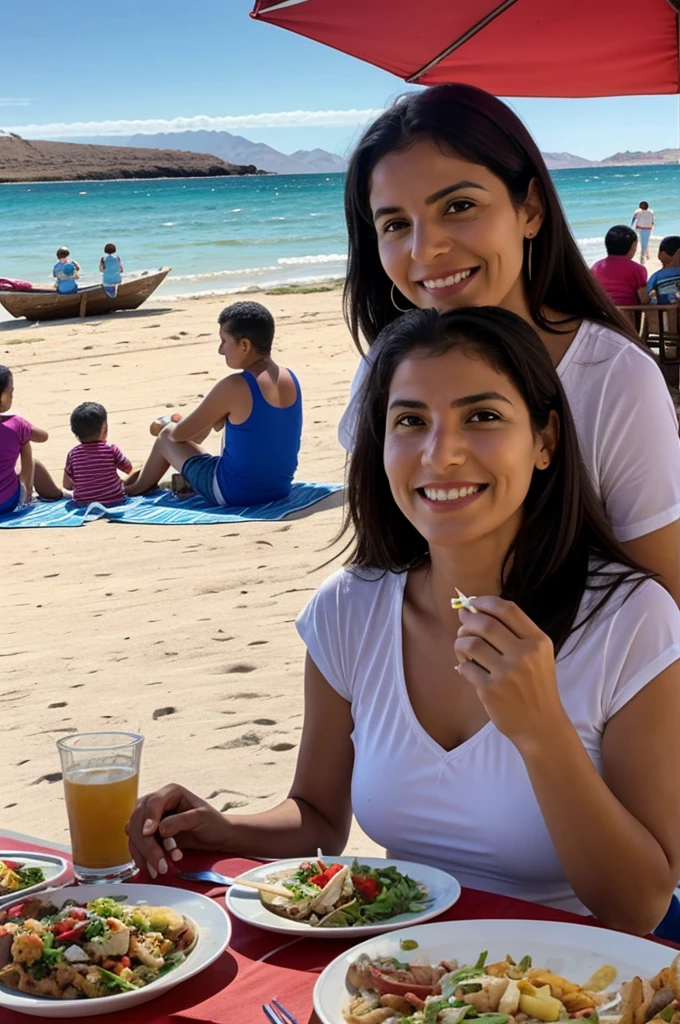 Chilean 38-year-old woman eating with her family on a beach in the background
