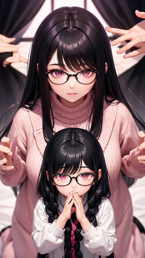Black Hair Long Hair Glasses Pink eyes Knit dress Joining hands in prayer