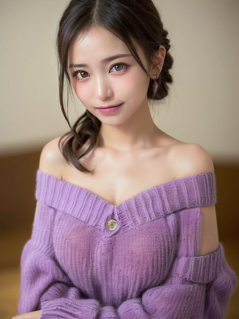 Tabletop, Highest quality, Photorealistic, In detail, High resolution, 8k wallpaper, Perfect dynamic composition, Beautiful attention to detail, Medium Hair, Big ample breasts, Random sexy poses,Put your chest together、(A long, purple, off-the-shoulder sweater from a brand that clearly shows off the chest:1.8)、(Breast Swelling 1.2)、Laughter、Open your mouth、Resort scenery、Age 25、(Droopy Eyes 1.4)、Adult Beauty、Very revealing at a young age、Long, slender bare legs、(Big and beautiful eyes:1.8)、Adult Beauty、No anatomical abnormalities、(たった一人だけのOne girl:1.8)、solo、(Always be alone in the photo:1.8)、(One girl:1.8)、(No anatomical abnormalities:1.8)、(She has fallen in love with the viewer and is gazing at the viewer with a smitten and adorable expression.:1.8)、(Only one person is in the picture:1.8)、No anatomical abnormalities、