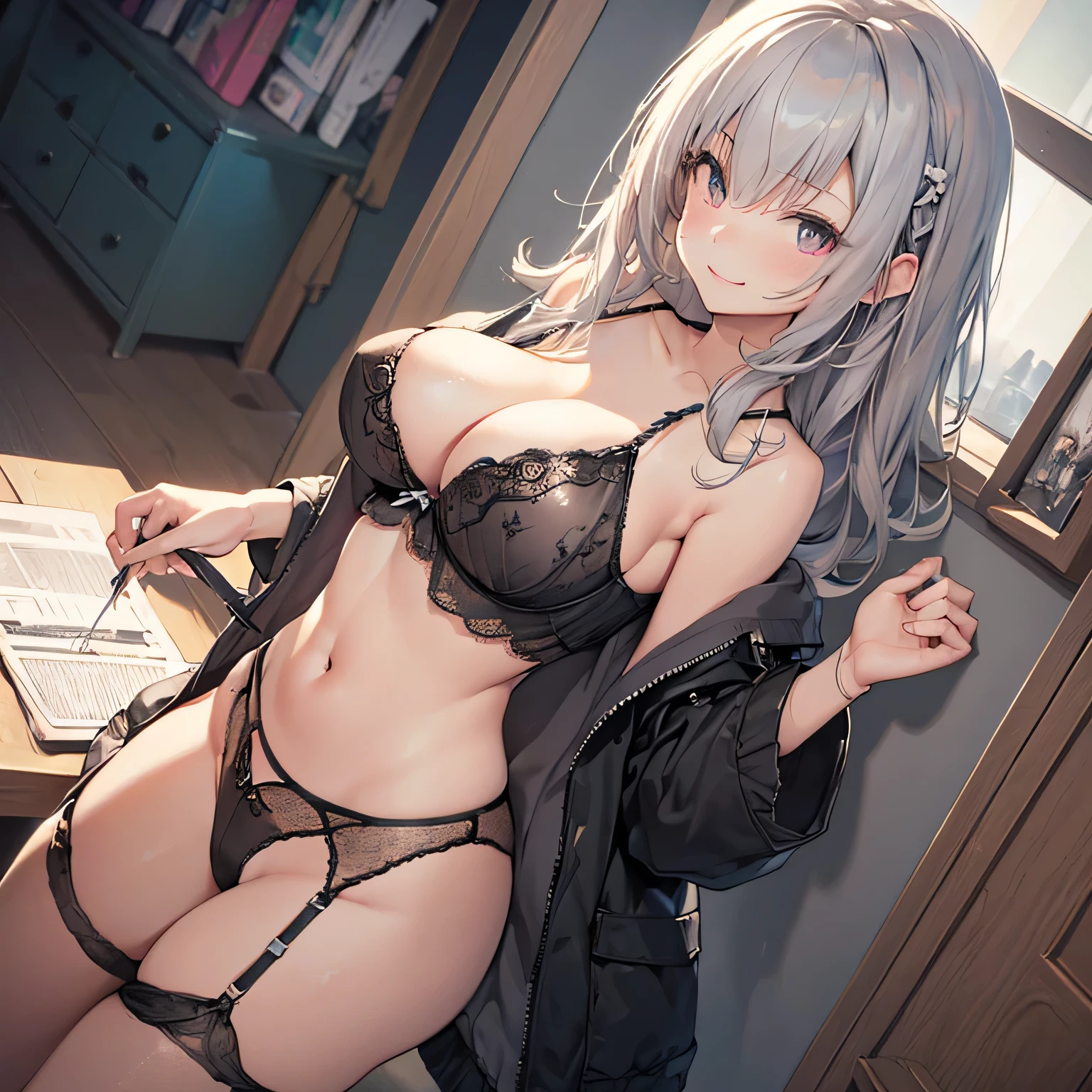 Highest quality、超High resolution、High resolution、Highly detailed CG、8k unit wallpaper、(((Perfect photo))), One Girl, alone, , Azusa Nakano, , Jacket, View your audience, smile, (((Huge breasts))), SFW with hidden breasts, Big ample breasts!, SFW Big, Beautiful and seductive anime woman, huge bountiful breasts!!, Bust ratio adopted, Highest quality, Official Art, Best Anatomy, (White see-through lingerie,:1.5)、Cowboy Shot, High skin exposure、Exhibitionism、gravure、Exposing the breasts、Saggy breasts、Accentuate your breasts、(Push your hips back and sit on the ground)、(((Character design sheet、From directly below、Accentuate your breastsする、Make your butt stand out))),