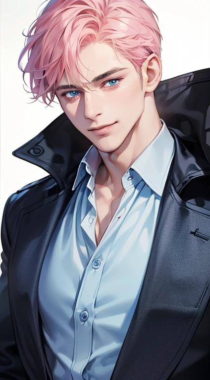 (best quality, masterpiece, 8K, photorealistic, cinematic lighting, 1:4 hdr image, ultra detailed, beautiful image), a mature man, 34 years very handsome, ((cold expression smile in love)), short pink hair, blue eyes, face perfect without mistakes, ((buttoning his jacket, CEO))