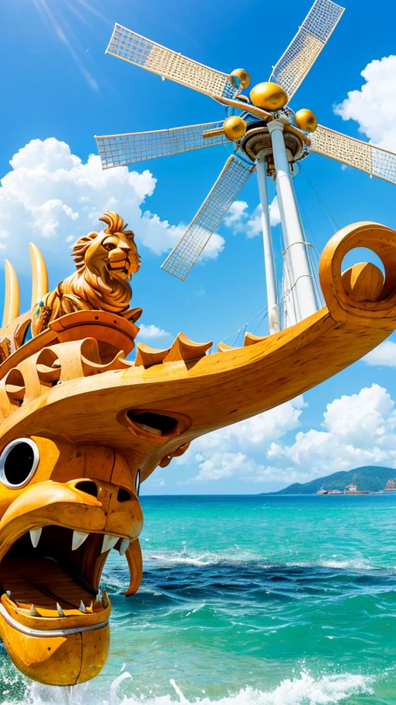 /imagine prompt: A high-resolution illustration of the Thousand Sunny from One Piece, featuring its iconic lion figurehead at the bow. The ship is shown with its powerful Gaon Cannon and herbivorous animal windmills on both sides. The background features the open sea and a clear blue sky. Created using: digital art, vibrant color palette, dynamic composition, anime style, detailed textures, hd quality --ar 16:9 --v 6.0