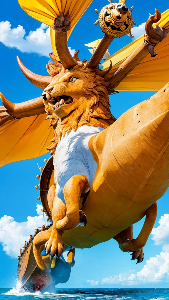 /imagine prompt: A high-resolution illustration of the Thousand Sunny from One Piece, featuring its iconic lion figurehead at the bow. The ship is shown with its powerful Gaon Cannon and herbivorous animal windmills on both sides. The background features the open sea and a clear blue sky. Created using: digital art, vibrant color palette, dynamic composition, anime style, detailed textures, hd quality --ar 16:9 --v 6.0