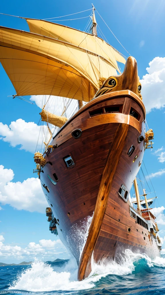 /imagine prompt: A high-resolution illustration of the Thousand Sunny from One Piece, featuring its iconic lion figurehead at the bow. The ship is shown with its powerful Gaon Cannon and herbivorous animal windmills on both sides. The background features the open sea and a clear blue sky. Created using: digital art, vibrant color palette, dynamic composition, anime style, detailed textures, hd quality --ar 16:9 --v 6.0