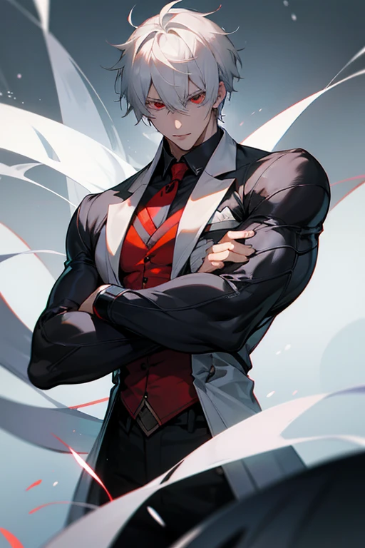 male、Gray Hair、White Hair、Short Hair、Red Eye、Cold-blooded man、Handsome、Well-built、Although he doesn't show it on his face, he is really angry、It's hard to show on your face、look down、Intimidating attitude、Seriously angry、Glare、Cold Eyes、Cold face、Well-formed face、Icy、coldly angry、look down、View your viewers、anger、Arm Veins、Arms crossed、
