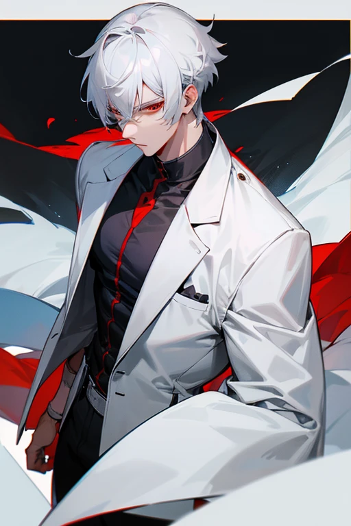male、Gray Hair、White Hair、Short Hair、Red Eye、Cold-blooded man、Handsome、Well-built、Although he doesn&#39;t show it on his face, he is really angry、It&#39;s hard to show on your face、look down、Intimidating attitude、Seriously angry、Glare、Cold Eyes、Cold face、Well-formed face、Icy、coldly angry、look down、View your viewers、anger、Arm Veins、Arms crossed、