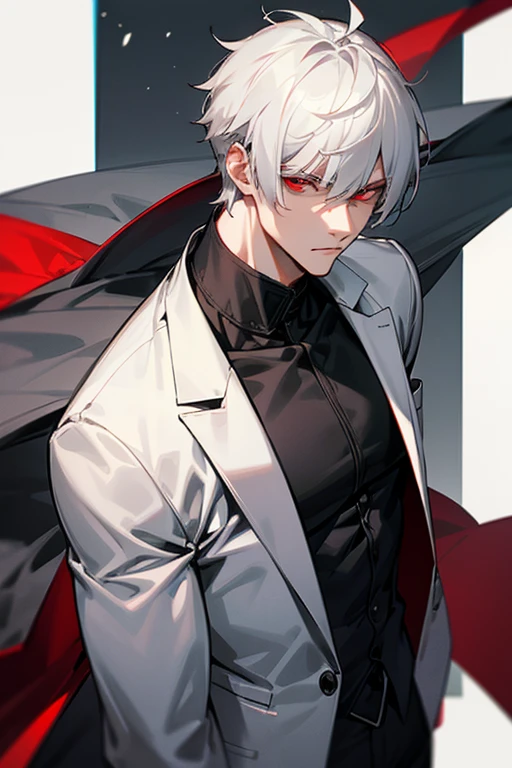 male、Gray Hair、White Hair、Short Hair、Red Eye、Cold-blooded man、Handsome、Well-built、Although he doesn't show it on his face, he is really angry、It's hard to show on your face、look down、Intimidating attitude、Seriously angry、Glare、Cold Eyes、Cold face、Well-formed face、Icy、coldly angry、look down、View your viewers、anger、Arm Veins、Arms crossed、