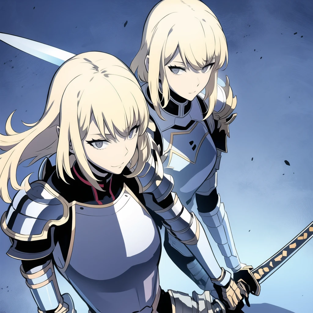 Blonde girl, blue eyes, armor, katana 