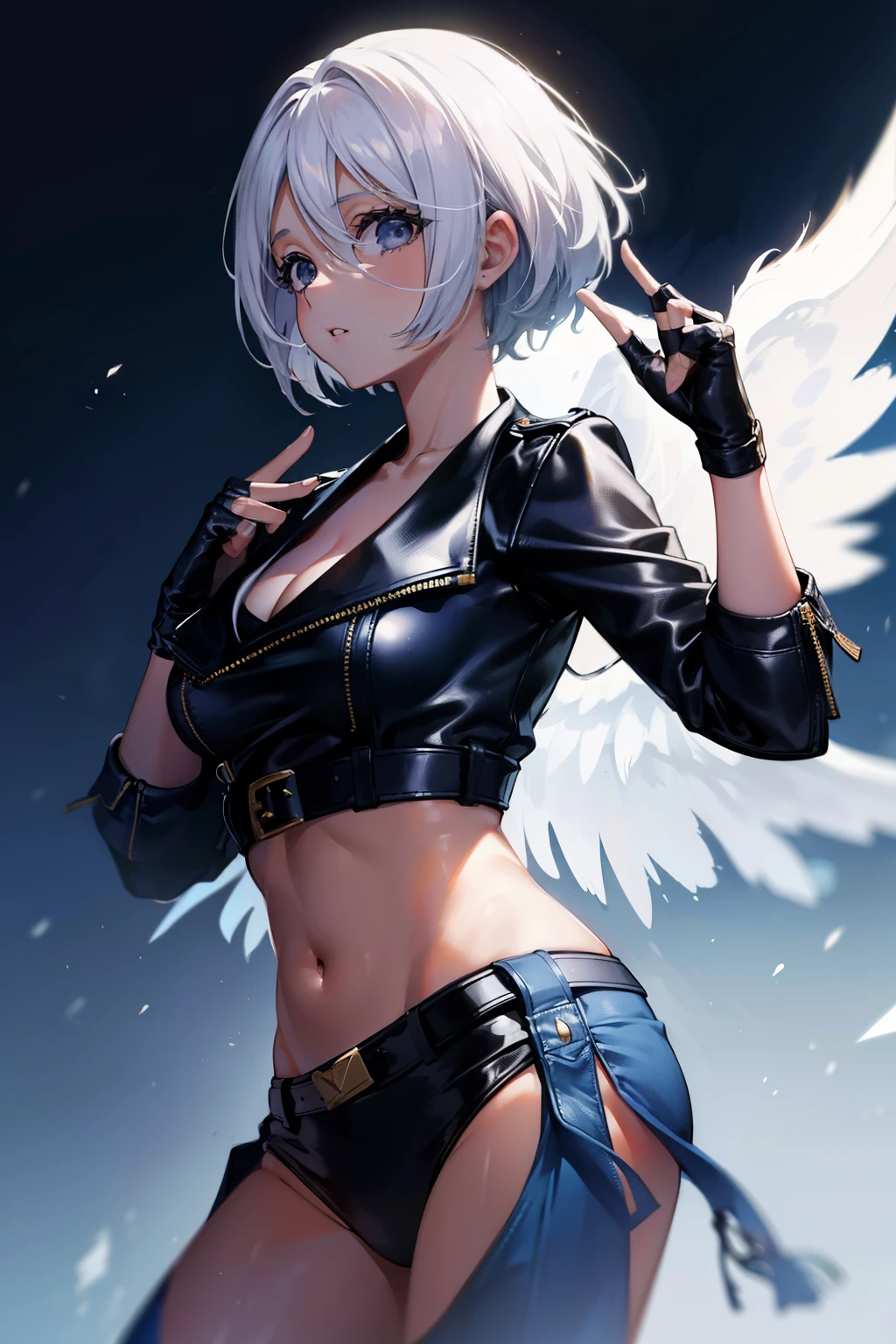 Parte superior del cuerpo, 1girl, (AngelMS:1.4), senos grandes, bragas, diafragma, Lado opuesto, Mirando al espectador, (escote), chaqueta recortada