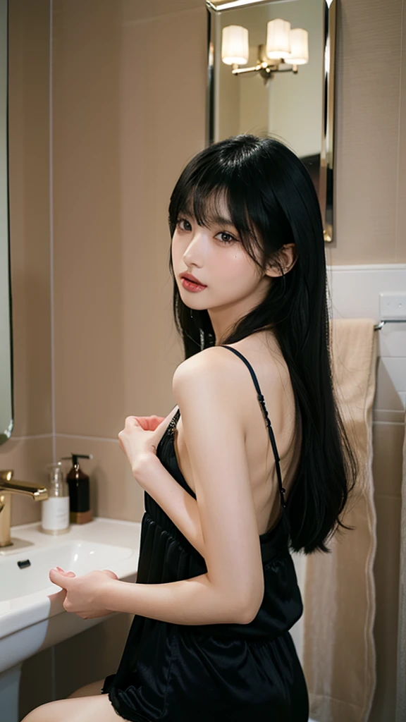 A beautiful delicate Asian girl, long black hair with a delicate fringe, in a chic bathroom, wearing pajamas, taking a photo of herself in the mirror, detailed hands, perfect, high quality, realistic, photorealistic, 8k, hyperdetailed, porcelain skin, elegant, serene, calming, soft lighting, warm colors