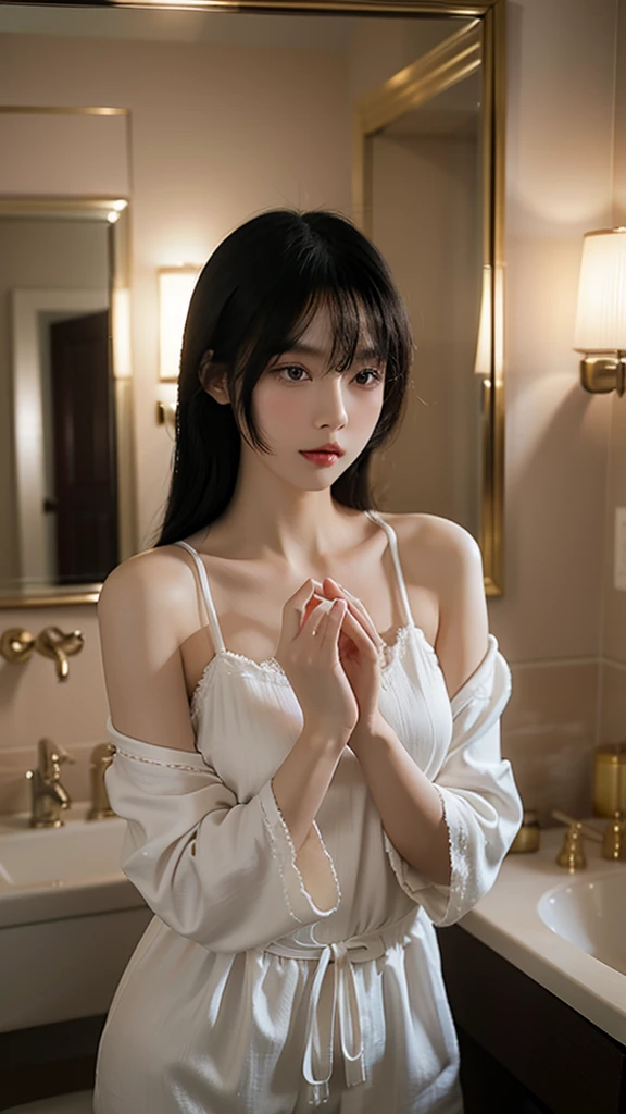 A beautiful delicate Asian girl, long black hair with a delicate fringe, in a chic bathroom, wearing pajamas, taking a photo of herself in the mirror, detailed hands, perfect, high quality, realistic, photorealistic, 8k, hyperdetailed, porcelain skin, elegant, serene, calming, soft lighting, warm colors