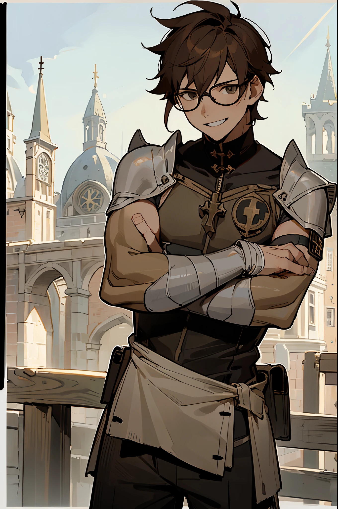 1male, black polaroid glasses, modern brown hair, old medieval clothing, smiling, (guild hall background), detailed background, standing on path, bandages arms, sleeveless clothing