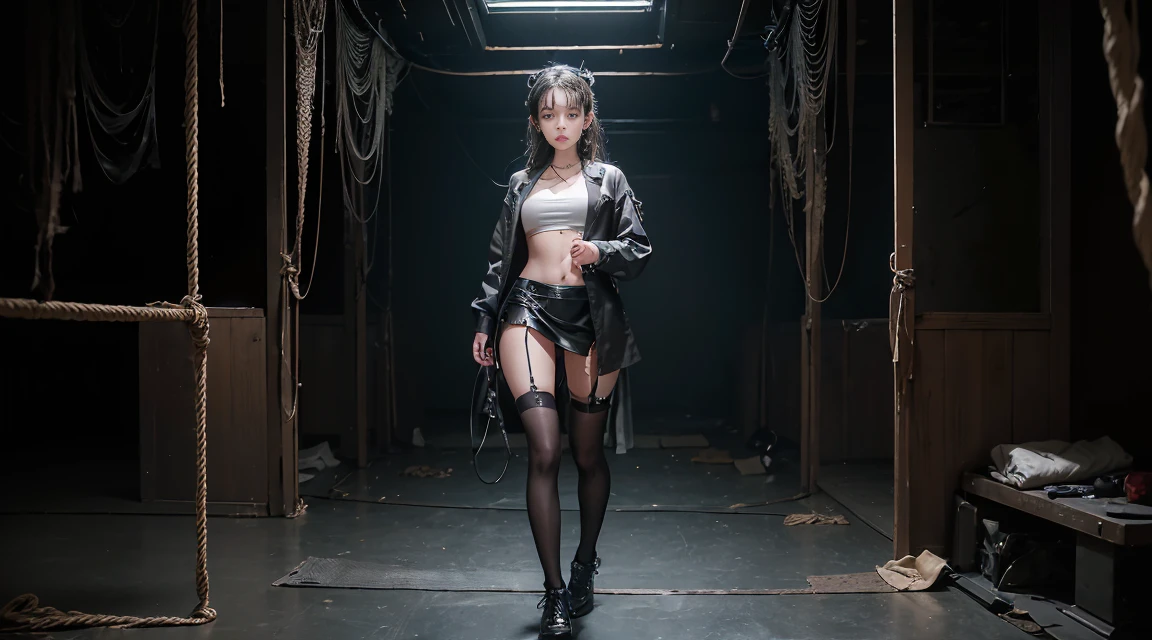 masterpiece, best quality, high quality, high resolution, girl, solo, white shirt, long lab coat, black office skirt, thigh tights, full body, standing, hands in pockets, bored, depth of field, laboratory, House music, techno, dance music, hip-hop, high-energy, uplifting, pads, workout, Music girl, tattoo, black leather cloth, bikini, garter, hair accessories, gaze, high detail, best quality, masterpiece, Basement with various items placed in a messy manner, beautiful details glow, girl struggling and standing tied up in the dungeon, (ropes), trapped, shackles,
