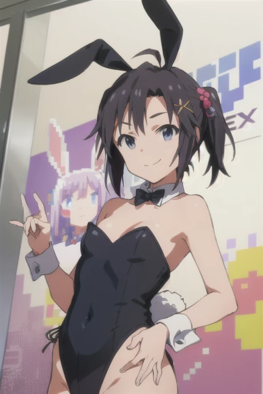 (((pixel-perfect, detail-perfect))), solo, 1girl, makoto kikuchi, hair ornament, rabbit ears, playboy bunny, twintails, bangs, leotard, blue eyes, x hair ornament, detached collar, smile, looking at viewer