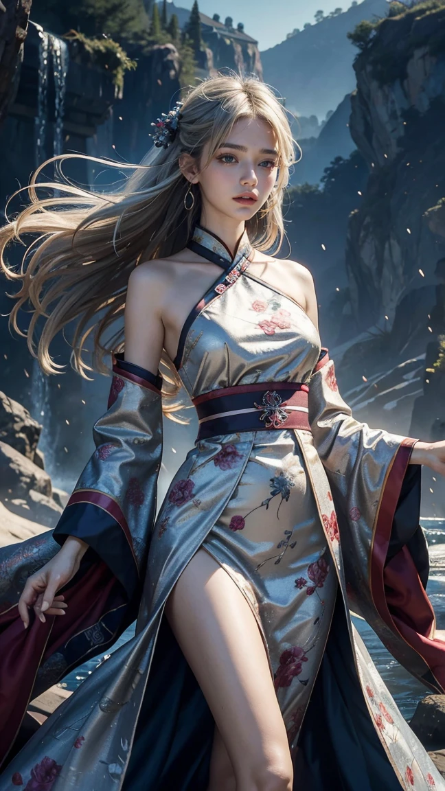 (masterpiece, top quality, best quality, official art, beautiful and aesthetic 1.2), (1girl 1.2), cute, extreme detailed,(abstract 1.4, fractal art 1.3),(silver_hair 1.1), fate \(series\), colorful,highest detailed, fire, ice, lightning, (splash_art 1.2), jewelry 1.4, hanfu, scenery, ink,seethrough_china_dress,lighting,Nice legs and hot body