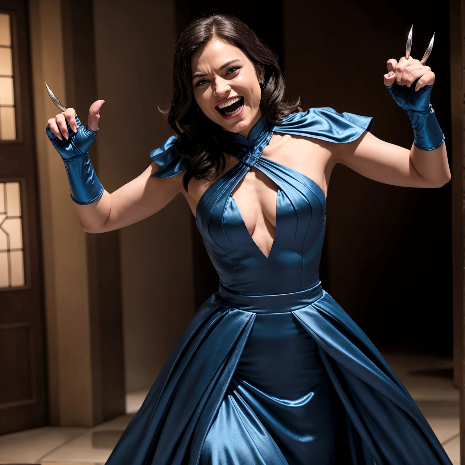 Marvel's Wolverine drunk at a , having fun, wearing a blue evening dress and laughing, X Men , X Men mansion