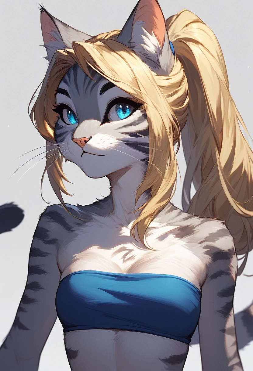 score_9, score_8_up, score_7_up Anthro furry cat girl, handsomize, Kat, blonde hair, blue eyes, hair in a ponytail, wearing blue bandeau, upper body shot, portrait, simple grey background,