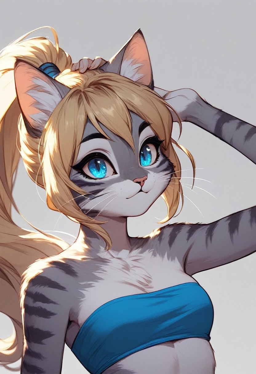 score_9, score_8_up, score_7_up Anthro furry cat girl, handsomize, Kat, blonde hair, blue eyes, hair in a ponytail, wearing blue bandeau, upper body shot, portrait, simple grey background,