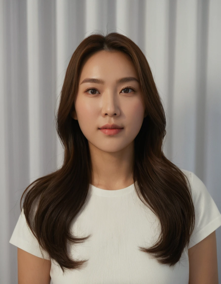 Best Quality, 8k, Masterpiece, (Portrait: 1.3), (photo realistic:1.4), (hyper realistic:1.4), Sharp Focus, looking at viewer, (smoother lighting:1.1), (increase cinematic lighting quality:0.9), realistic lighting, backlighting, light on face, ray trace, (brightening light:1.2), (Increase quality:1.4), sharp detail, (best quality real texture skin:1.4), finely detailed eyes, black_eyes, finely detailed face, 25 year old Korean woman, (white formal_shirt:1.4), (Create an image maintaining the original base model hairstyle:1.5)