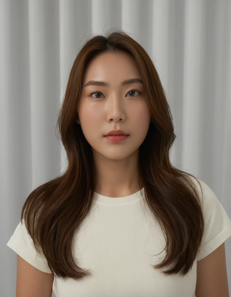 Best Quality, 8k, Masterpiece, (Portrait: 1.3), (photo realistic:1.4), (hyper realistic:1.4), Sharp Focus, looking at viewer, (smoother lighting:1.1), (increase cinematic lighting quality:0.9), realistic lighting, backlighting, light on face, ray trace, (brightening light:1.2), (Increase quality:1.4), sharp detail, (best quality real texture skin:1.4), finely detailed eyes, black_eyes, finely detailed face, 25 year old Korean woman, (white formal_shirt:1.4), (Create an image maintaining the original base model hairstyle:1.5)