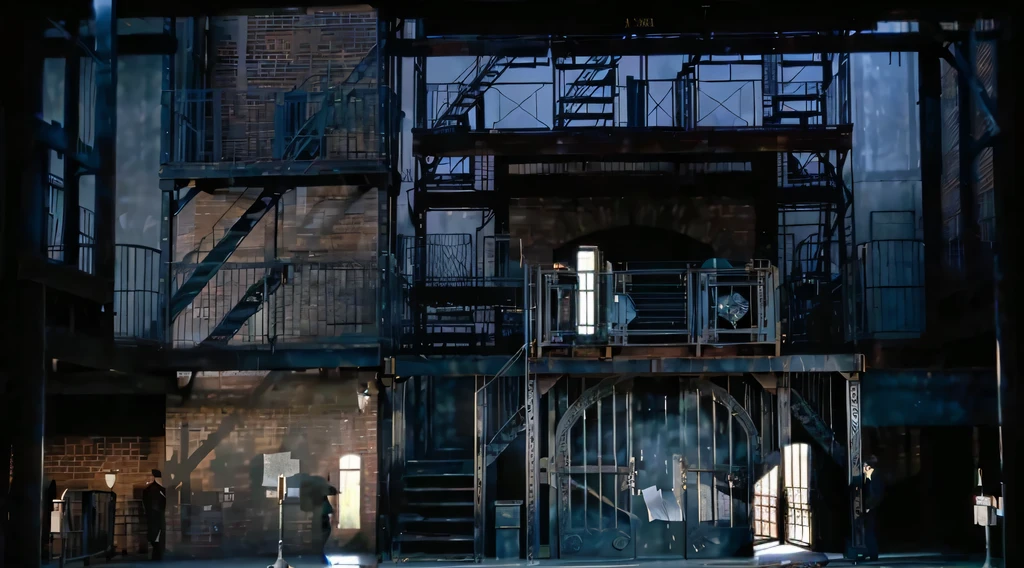 Legendary Newsboys Musical Newspaper Factory Scene，Steel gates，Steel Stairs,No characters，No blackboard，No words，Don't be letters