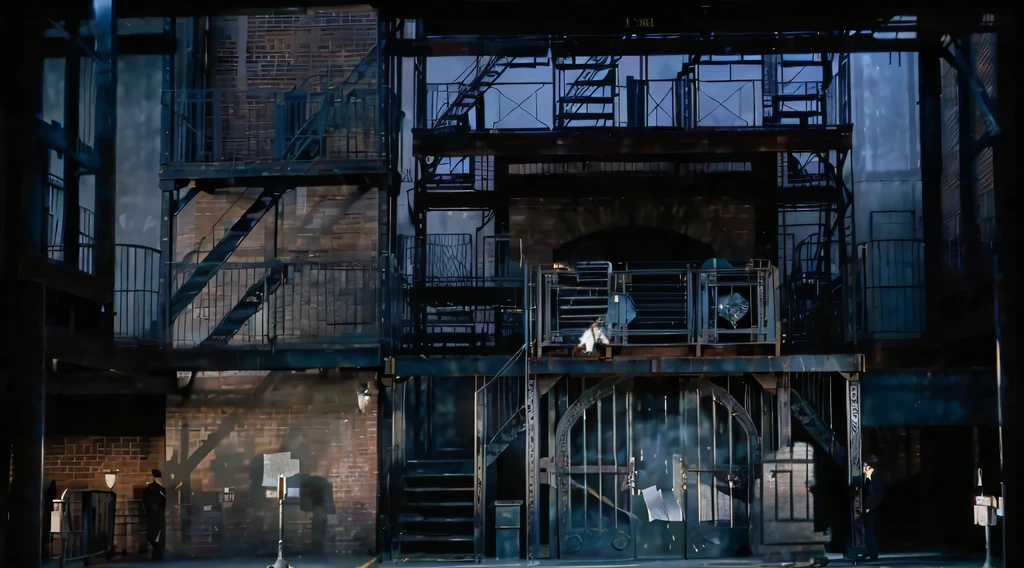 Legendary Newsboys Musical Newspaper Factory Scene，Steel gates，Steel Stairs,No characters，No blackboard，No words，Don't be letters
