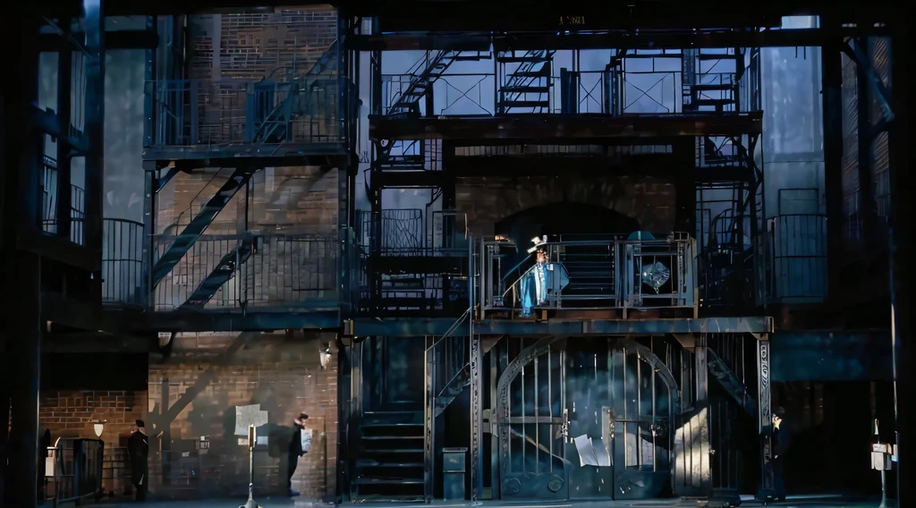 Legendary Newsboys Musical Newspaper Factory Scene,Steel gates,Steel Stairs,No characters,No blackboard,No words,Don't be letters