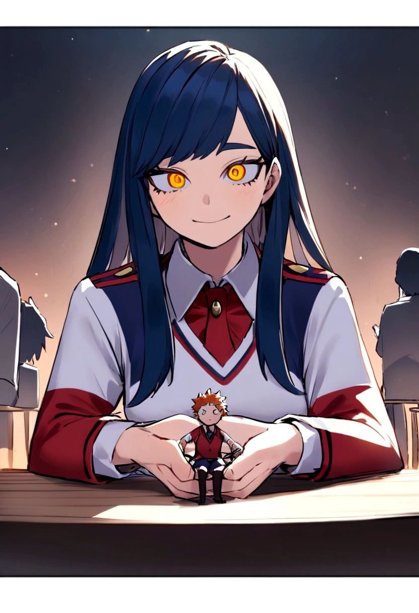 Captura de pantalla My hero academia. Chica que parece chico de pelo azul oscuro esponjado y corto, He has yellow and orange eyes and has a happy expression.. She is wearing the UA uniform and in the background she has a UA school class and she is sitting at a table with string puppets in her hands.