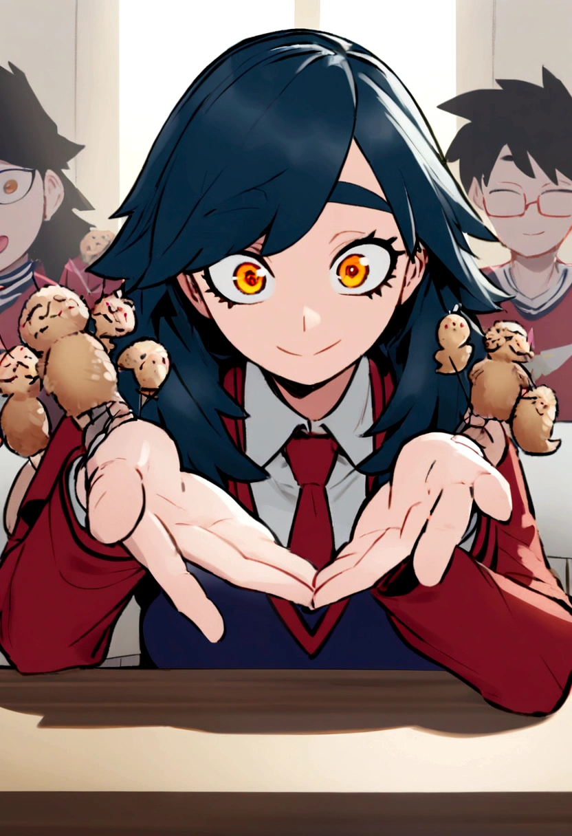 Captura de pantalla My hero academia. Chica que parece chico de pelo azul oscuro esponjado y corto, He has yellow and orange eyes and has a happy expression.. She is wearing the UA uniform and in the background she has a UA school class and she is sitting at a table with string puppets in her hands.