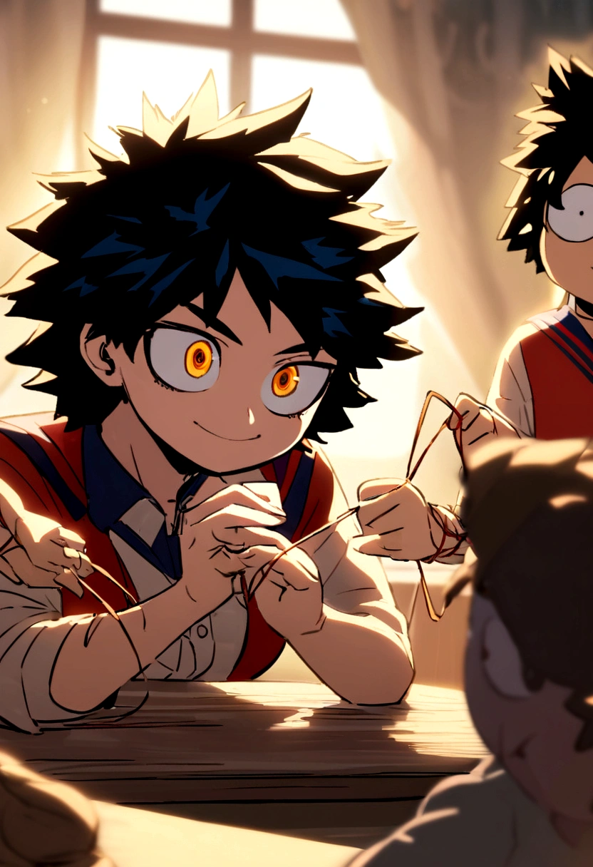 Captura de pantalla My hero academia. Chica que parece chico de pelo azul oscuro esponjado y corto, He has yellow and orange eyes and has a happy expression.. She is wearing the UA uniform and in the background she has a UA school class and she is sitting at a table with string puppets in her hands.
