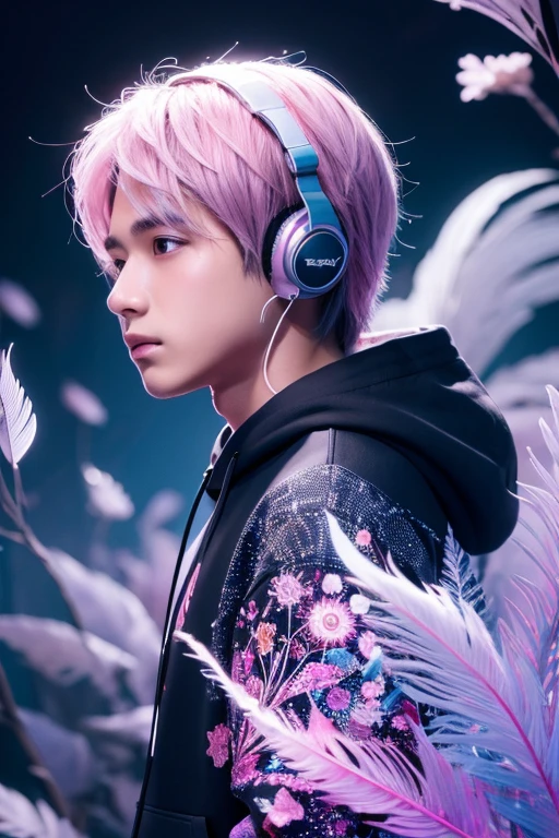 A beautiful boy with striking black eyes, light pink straight hair, glowing white skin, extremely detailed, fractal art elements, floral textures, dynamic pose, abstract background, glowing skin, many colors, earrings, feather, night scene, full of notes, decorative panel, abstract art background, side profile view
An adorable chipmunk with fluffy fur, silver blue outfit, hoodie, headphones, modern and inorganic background, bright lighting, vibrant colors, outside in the Many notes Korea idol