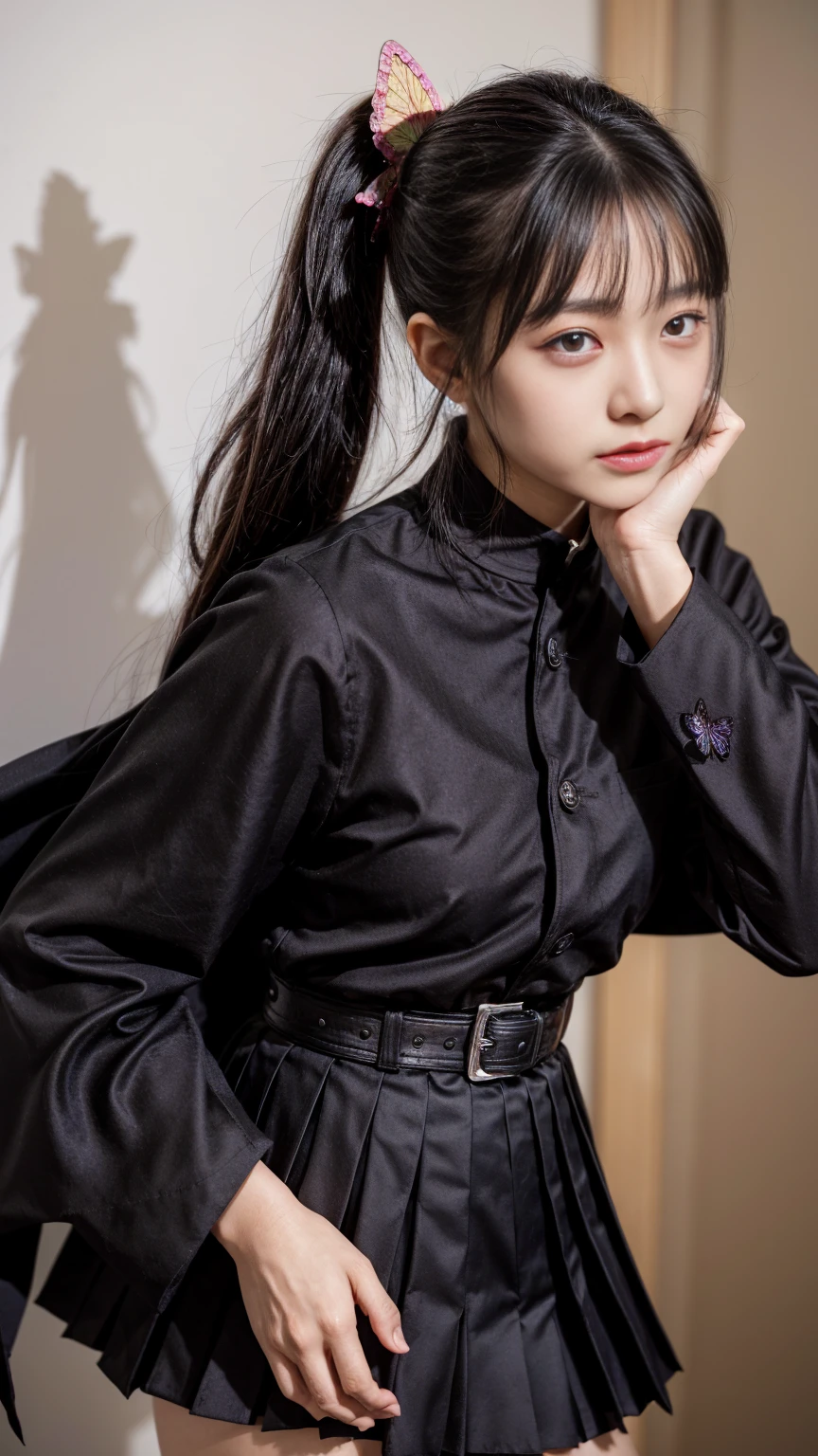 kanao tsuyuri, black hair, butterfly, butterfly hair ornament, (purple eyes:1.1), side ponytail, ponytail, black skirt, cape, demon slayer uniform, long sleeves, pleated skirt, skirt, white cape, upper body, detailed face, detailed eyes,