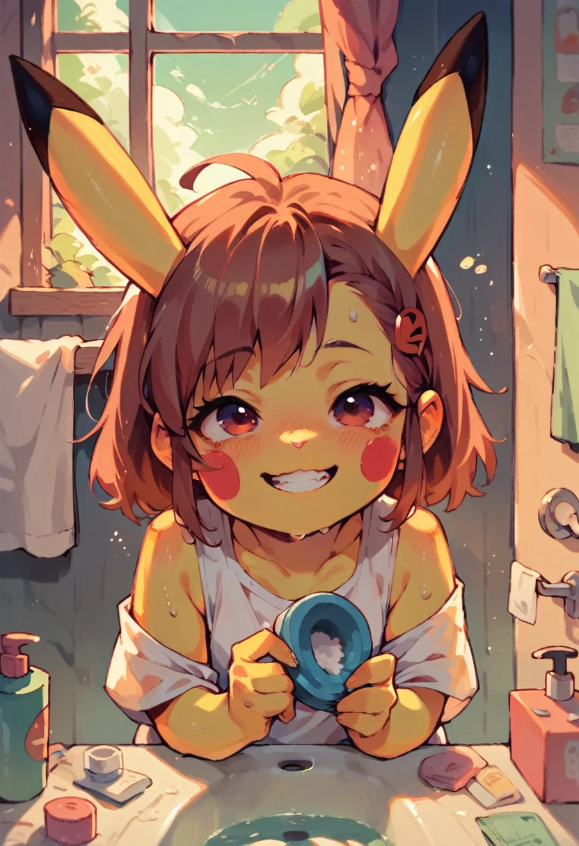Illustrate a cute scene of Pikachu washing its face in the bathroom or brushing its teeth as part of a morning routine