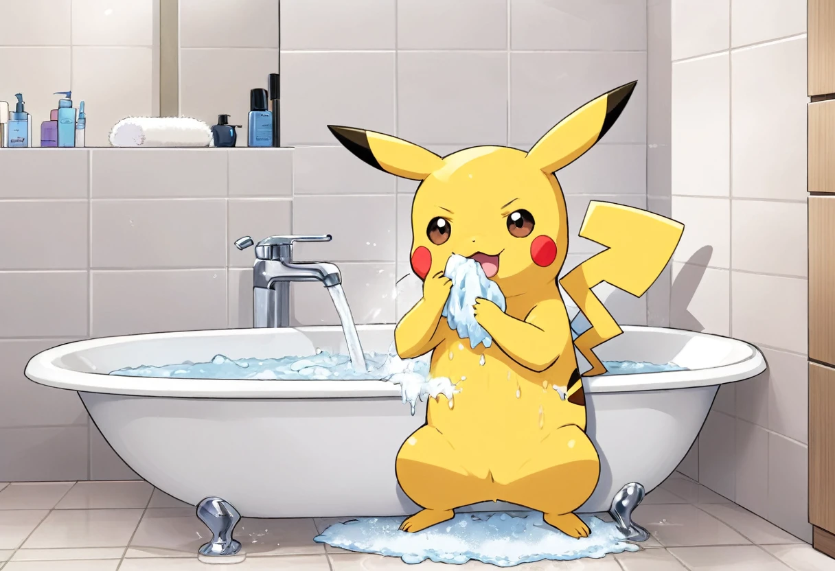 Illustrate a cute scene of Pikachu washing its face in the bathroom or brushing its teeth as part of a morning routine