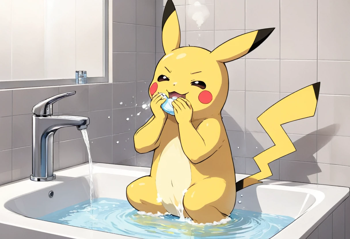 Illustrate a cute scene of Pikachu washing its face in the bathroom or brushing its teeth as part of a morning routine