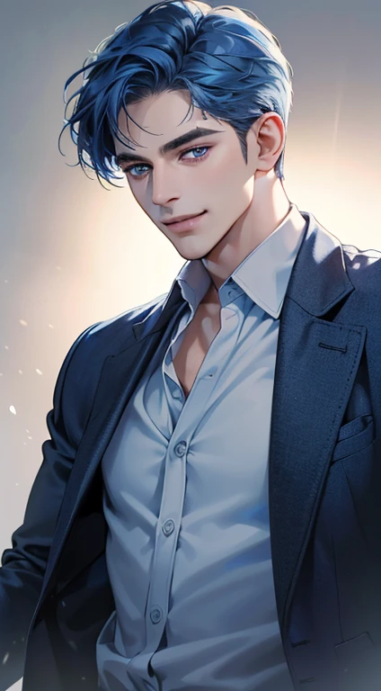 (best quality, masterpiece, 8K, photorealistic, cinematic lighting, 1:4 hdr image, ultra detailed, beautiful image), a mature man, 34 years very handsome, ((cold expression smile in love)), short blue hair, blue eyes, face perfect without mistakes, ((buttoning his jacket, CEO))