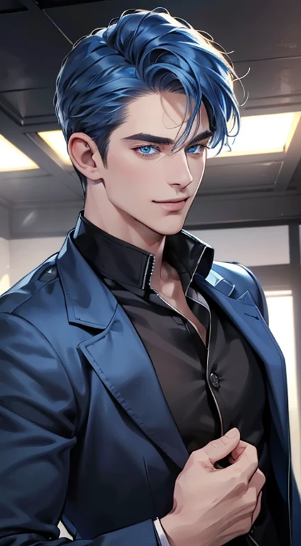 (best quality, masterpiece, 8K, photorealistic, cinematic lighting, 1:4 hdr image, ultra detailed, beautiful image), a mature man, 34 years very handsome, ((cold expression smile in love)), short blue hair, blue eyes, face perfect without mistakes, ((buttoning his jacket, CEO))