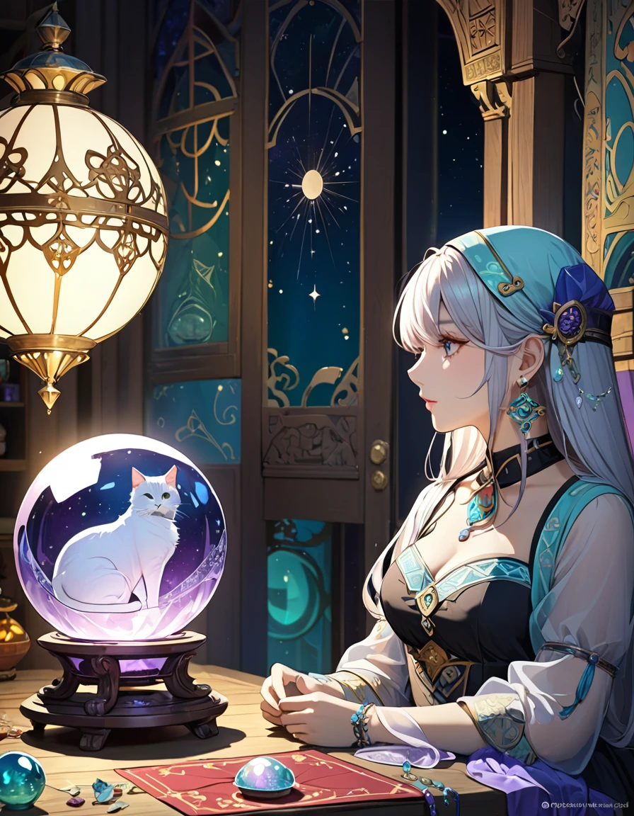 profile,A kind fortune teller,There is a cat nearby,Attention to detail,Beautiful crystal ball,Mysterious atmosphere,