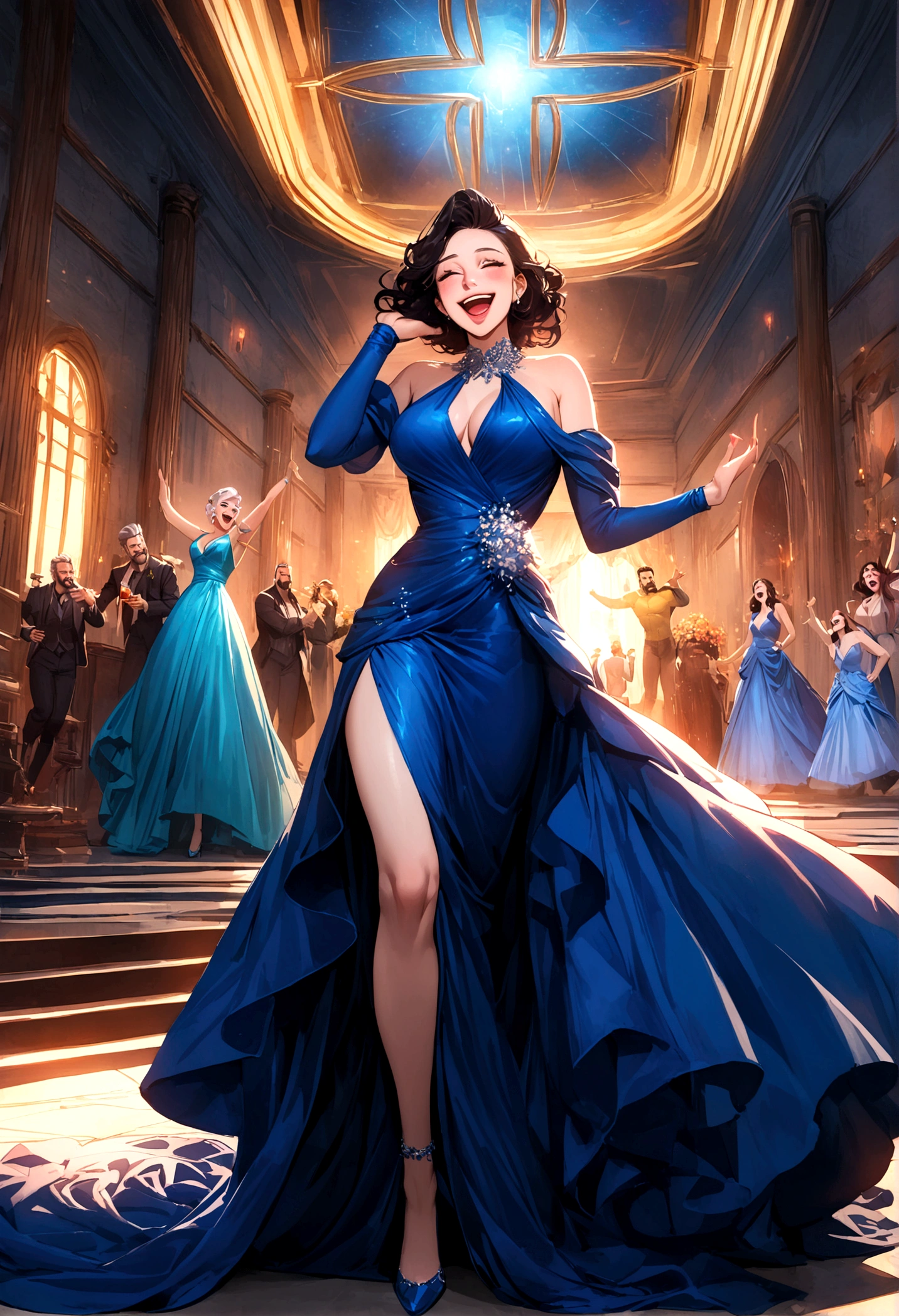 Marvel's Wolverine drunk at a , having fun, wearing a blue evening dress and laughing, X Men , X Men mansion
