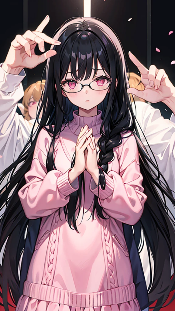 Black Hair Long Hair Glasses Pink eyes Knit dress Joining hands in prayer One female