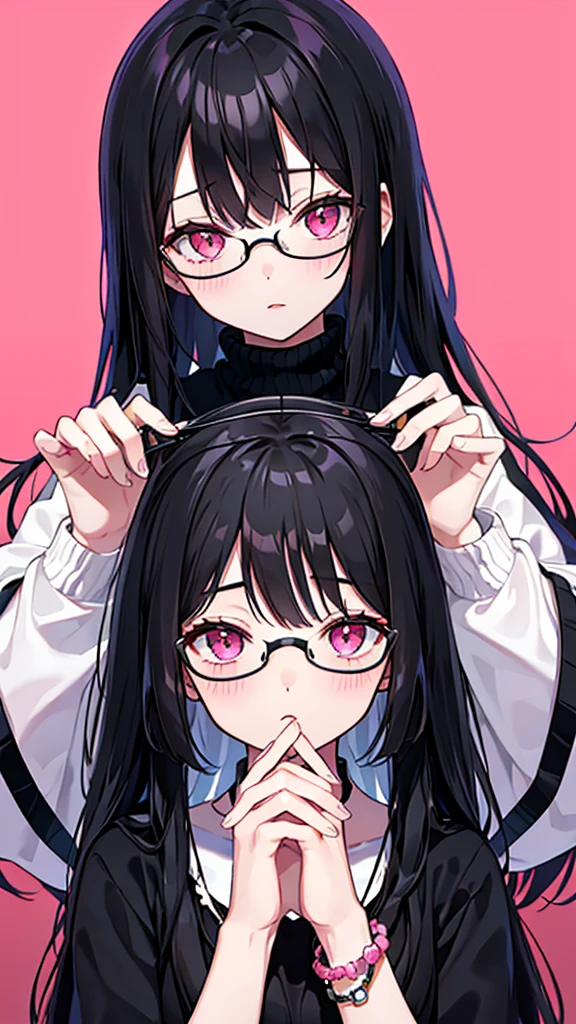 Black Hair　Long Hair　Glasses　Pink eyes　Knit dress　Joining hands in prayer　One female