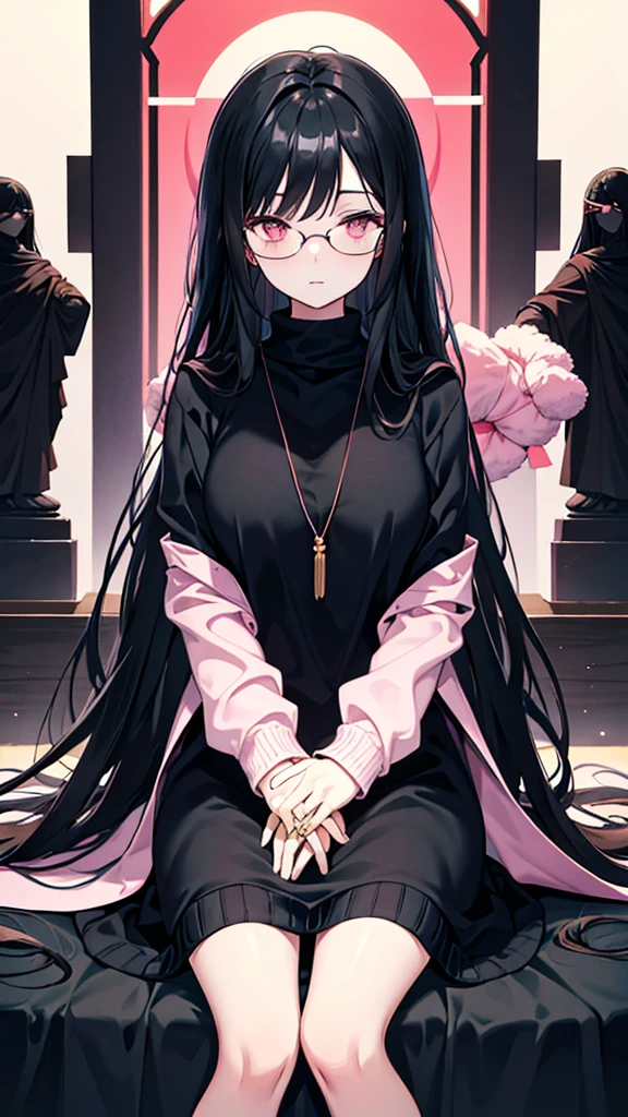 Black Hair　Long Hair　Glasses　Pink eyes　Knit dress　Joining hands in prayer　One female